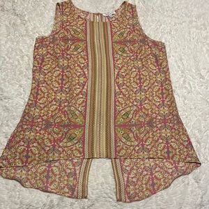 Womens Rose & Olive sleeveless semi-sheer top. Large, Pink, tan, cream blue